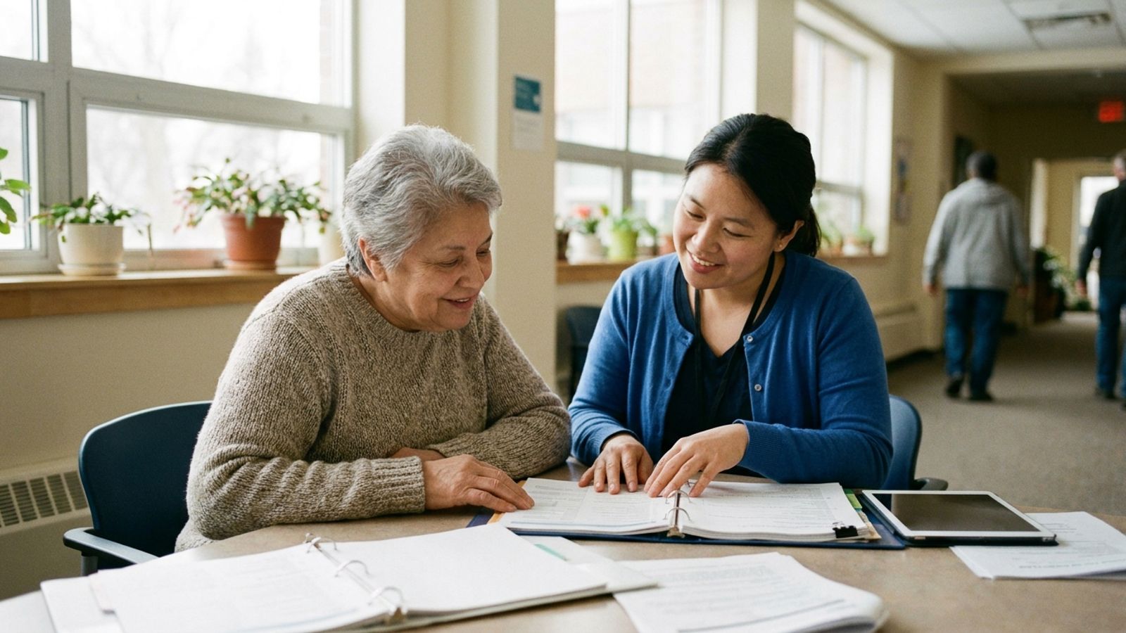 An older adult and a healthcare provider reviewing documents together in a well-lit office.