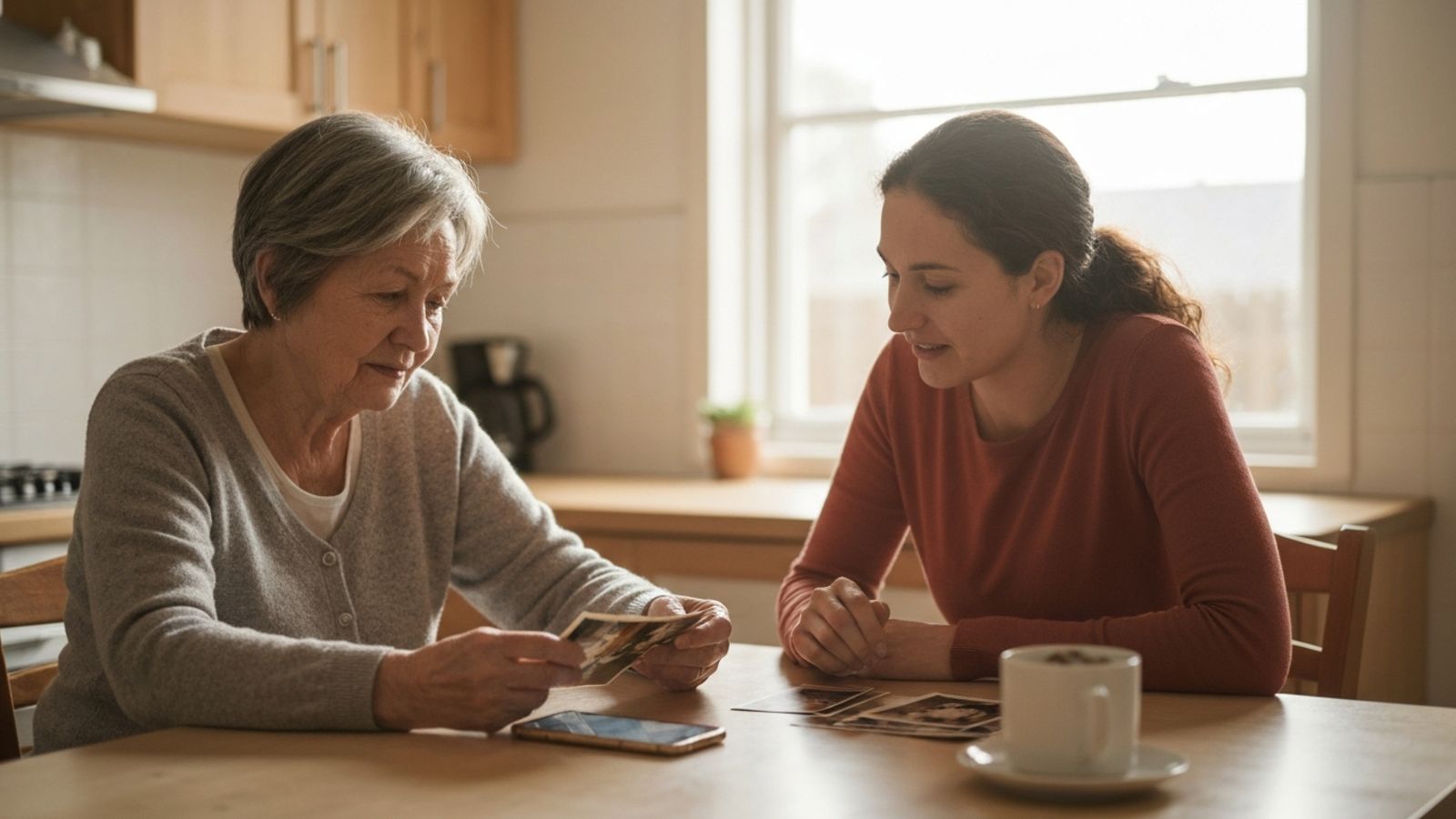 An older woman and a younger woman looking at family photos while recording audio on a smartphone.