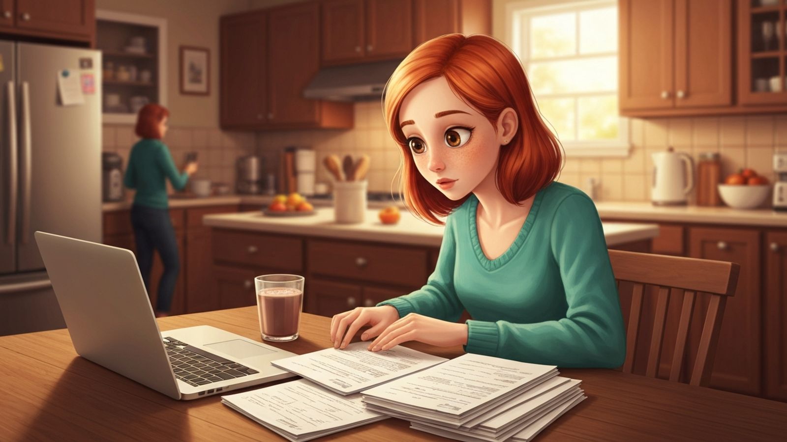 A high school student looking thoughtfully out a window while sitting at a kitchen table with a laptop and college brochures.