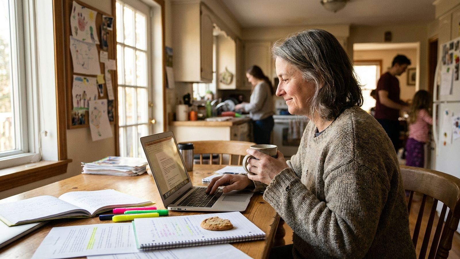 A parent sits at a kitchen table covered in school paperwork, looking at a laptop screen.
