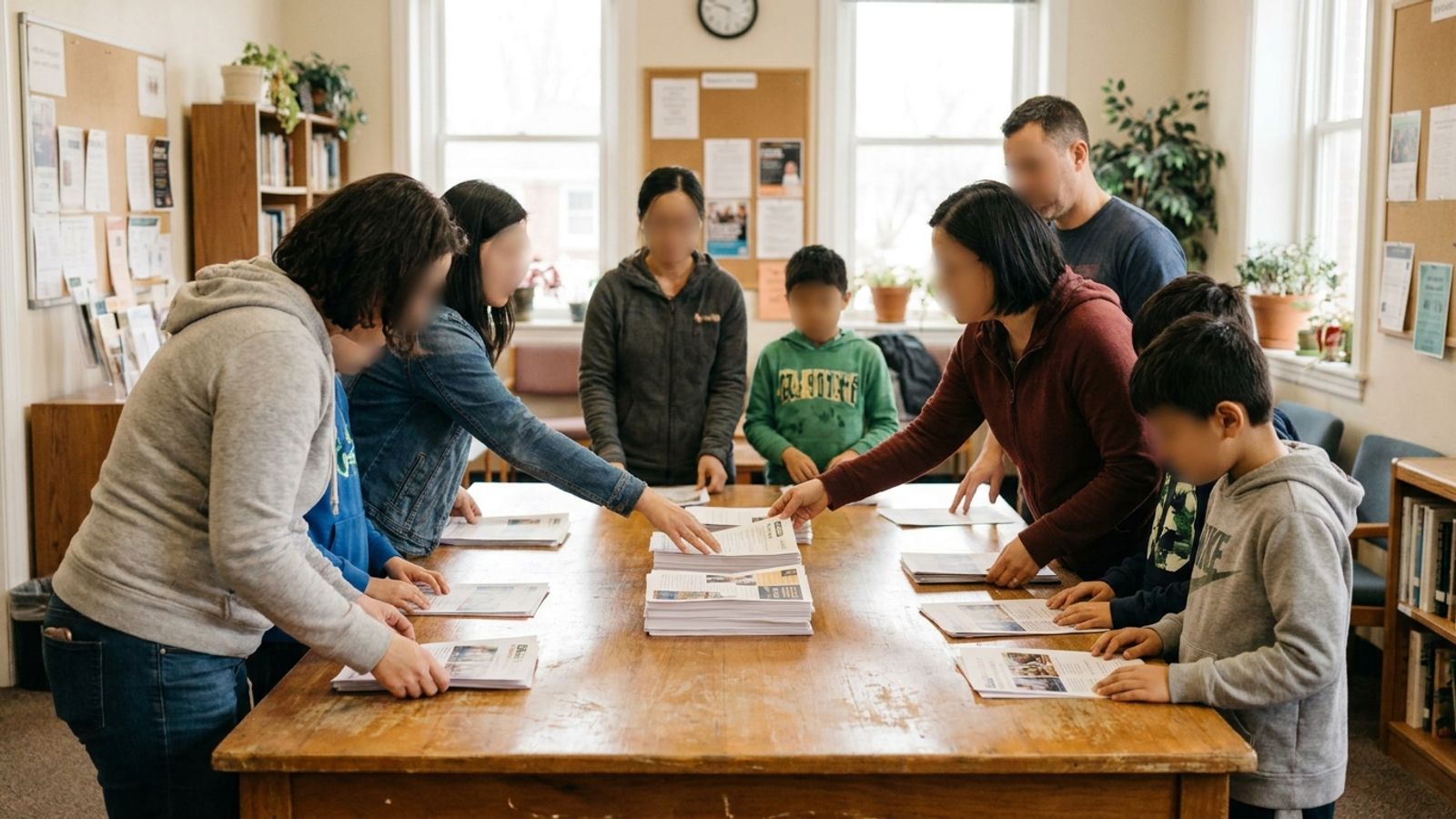 Neighbors organizing community resources together at a table