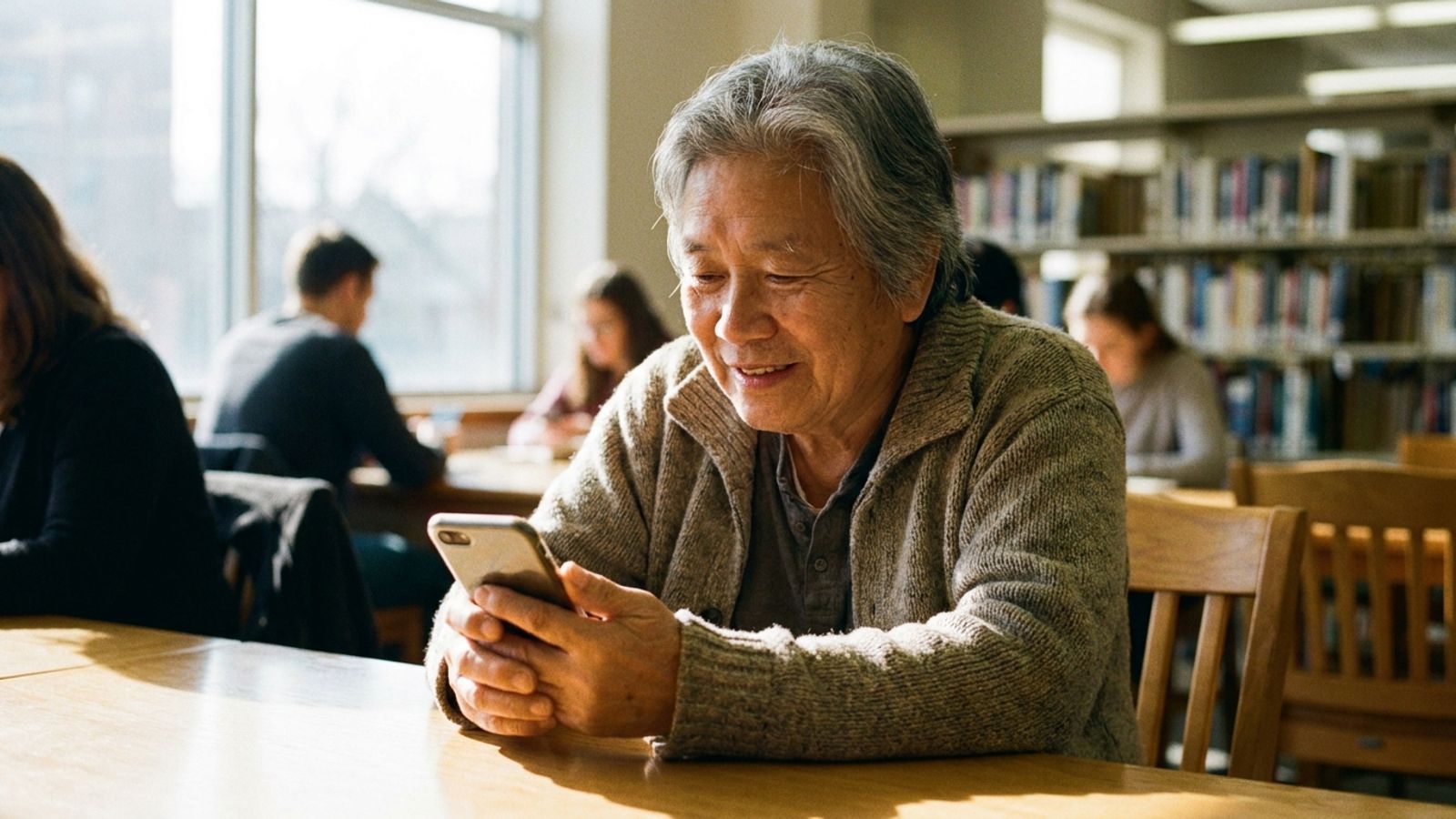A person sitting in a public library holding a smartphone, looking at the screen with a focused and positive expression.