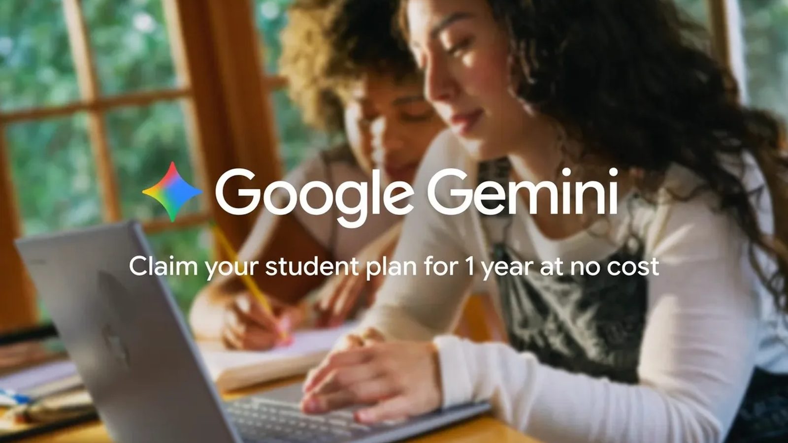 Google Gemini promotional graphic showing two students studying together at a table with a laptop, captioned Claim your student plan for 1 year at no cost