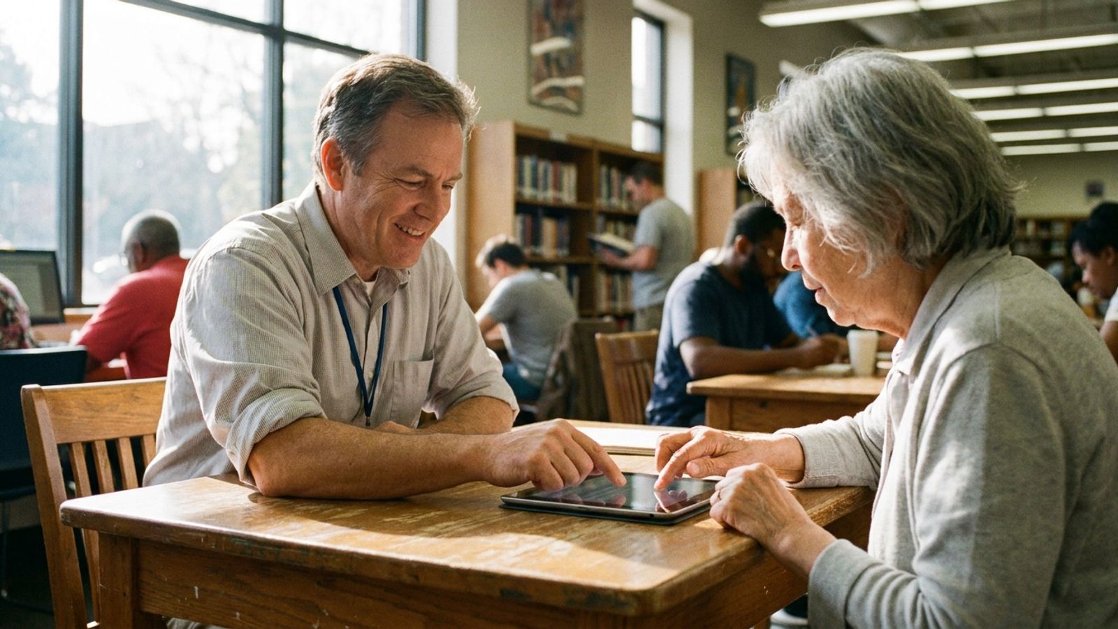 A librarian and an older adult look at a tablet computer together in a brightly lit public library.