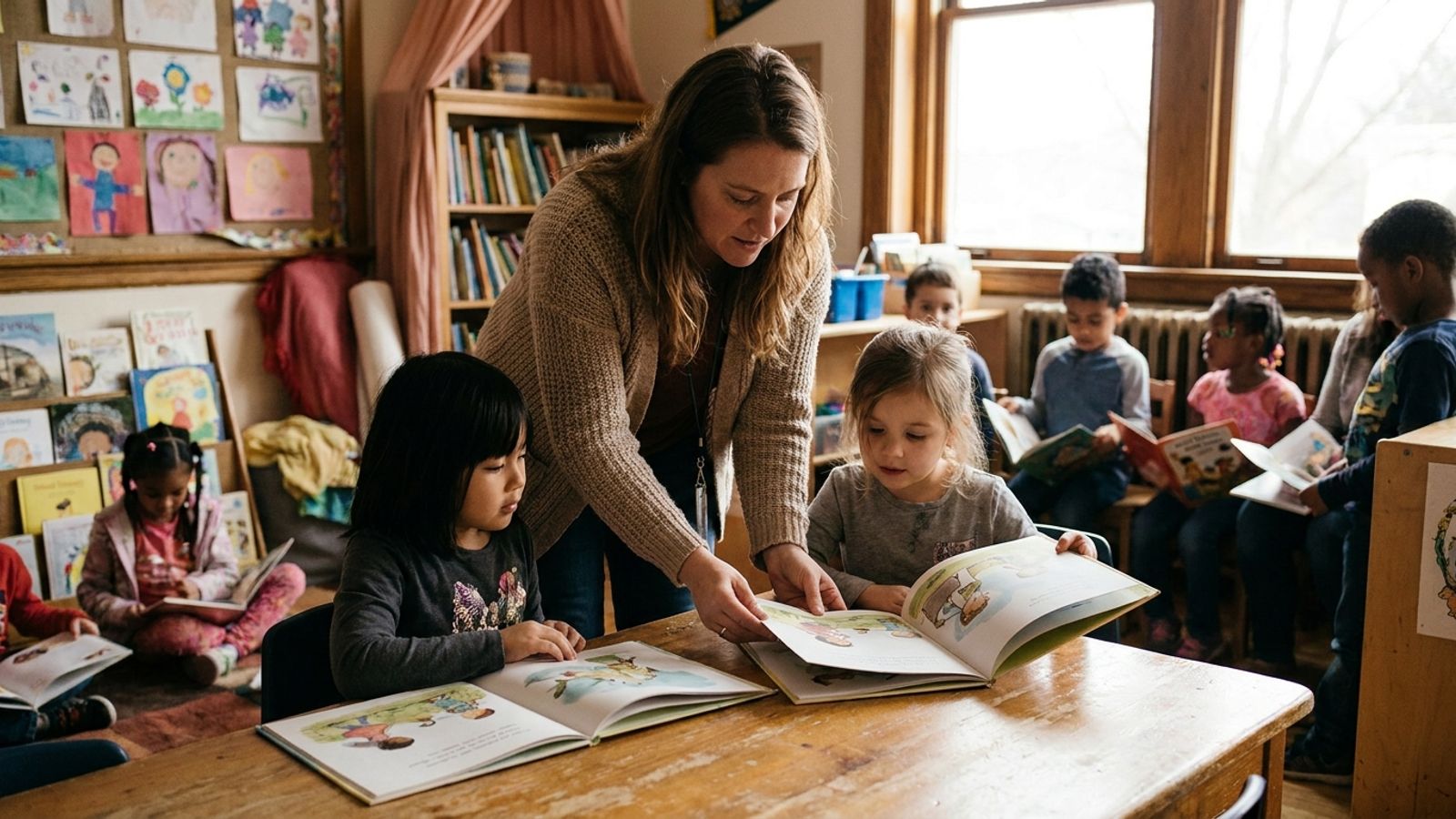 A teacher assisting elementary students with physical books in a warmly lit classroom.