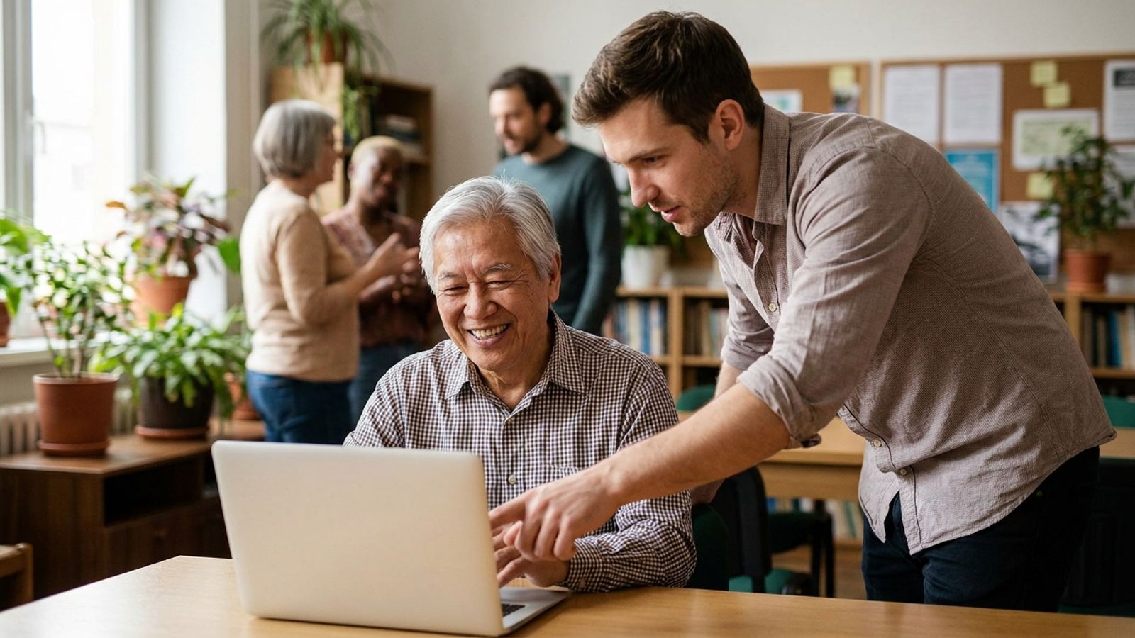 An older adult smiling while looking at a laptop screen in a community center.