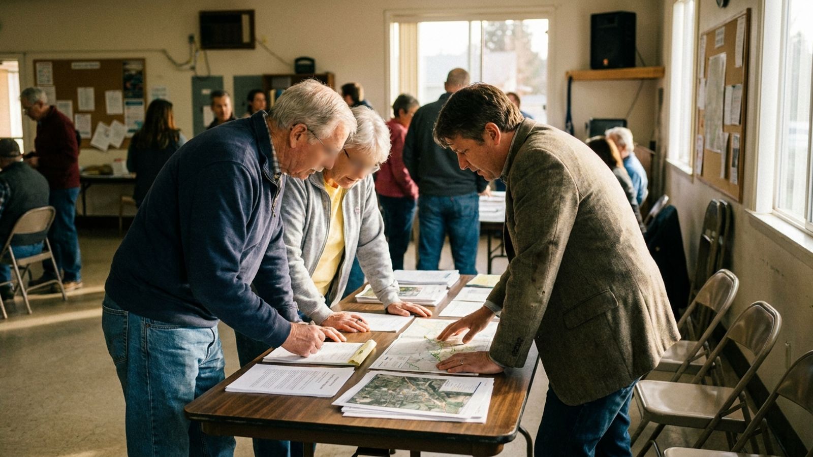 Community organizers and a local official reviewing paperwork together at a table.